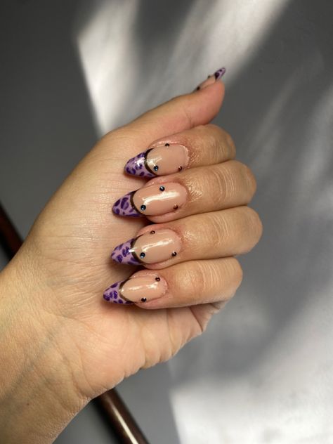 Leopard print and rhinestones Pink And Purple Leopard Nails, Purple Cheetah Print Nails, Purple Leopard Print Nails, Purple Cheetah Nails, Purple French Tip, Purple French, Cheetah Print Nails, Cheetah Nails, Purple Leopard Print