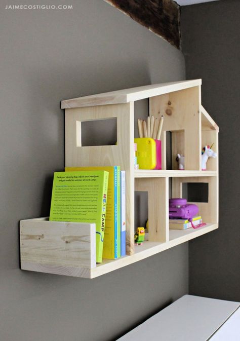 A DIY tutorial to build a dollhouse style wall shelf. Two boards to make this modern dollhouse that can be used on a surface or as a wall shelf. Dollhouse Shelves, Diy Wall Shelf, Build A Dollhouse, Wall Shelf Ideas, Hanging Bathroom Shelves, Kids Wall Shelves, Build Wall, Dollhouse Wall, Woodworking Tutorials