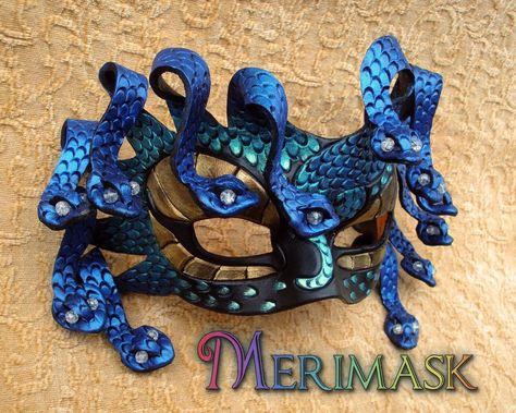 Blue and Aqua Medusa Mask by merimask Water Masquerade Mask, Turquoise Mask Masquerade Ball, Medusa Mask, Blue Full Face Mask For Masquerade, Dragon Mask Blue, Blue Spirit Mask, Crazy Cosplay, Venice Mask, Mask Masquerade