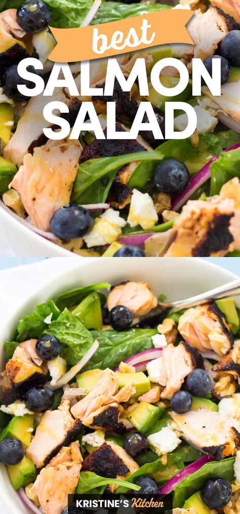 Healthy Salmon Salad with spinach, avocado and blueberries! One of our favorite recipes to enjoy grilled salmon! This cold salad is perfect for summer. #salmonsalad #salmon Salmon Blueberry Salad, Salmon Salad Recipes Dressing, Spinach And Salmon Salad, Grilled Fish Salad, Salmon Romaine Salad, Spinach Salad With Salmon, Spinach Salmon Salad, Salad With Salmon On Top, Salmon Salads For Dinner