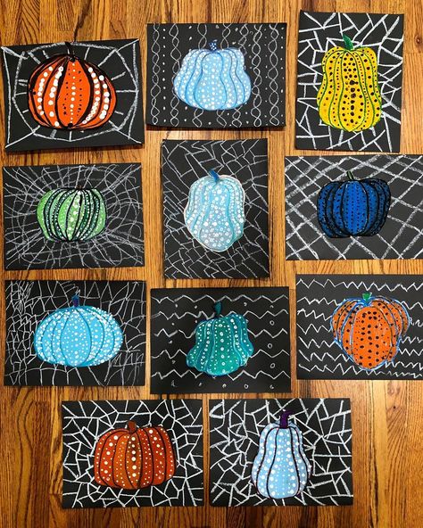 Pumpkin Art First Grade, October Art For Elementary Students, Yayoi Kusama Elementary Art, Contrasts In Art, October Art Lessons Elementary, Year 6 Art Projects, Yayoi Kusama Art Project, Yayoi Kusama Pumpkins, October Art Activities