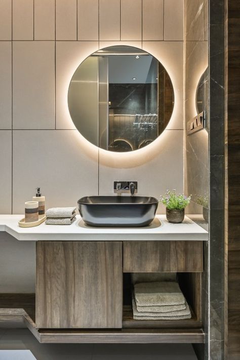 Ethnic Aesthetics with Modern Design Sensibilities for a Residence Design in Surat | Sattva Design Studio - The Architects Diary Common Basin Design, Table Top Wash Basin Ideas, Wash Basin Design, Gray Shower Tile, Wash Basin Cabinet, Contemporary Color Schemes, Residence Design, Wabi Sabi Interior, The Architects Diary