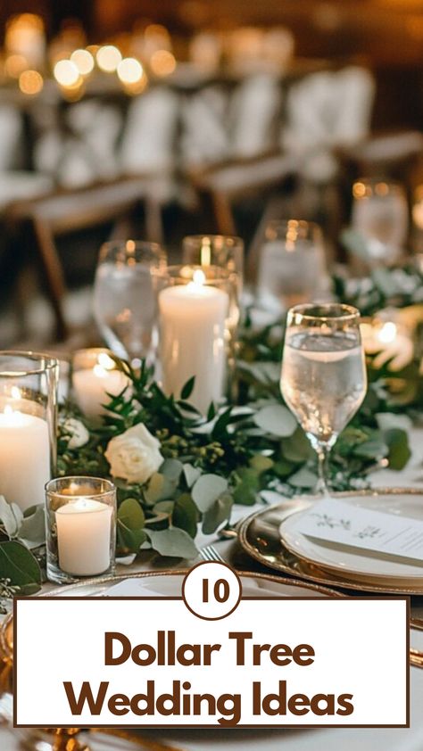 Elegant Dollar Tree wedding table setup with gold chargers, glassware, greenery, white roses, and candles, creating a sophisticated and budget-friendly look. Dollar Tree Wedding, Creative Wedding Ideas, Elegant Centerpieces, Budget Wedding, Wedding Tips, Dollar Tree, Wedding Centerpieces, Budget Friendly, Beautiful Weddings