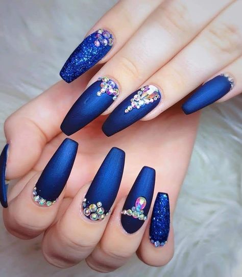 Blue nails with crystals Blue Chrome Nails With Rhinestones, Blue Nails With Crystals, Royal Blue Prom Nails, Hanukkah Nails, Nails With Crystals, Sapphire Nails, Blue Prom Nails, Blue Chrome Nails, Concert Vibes