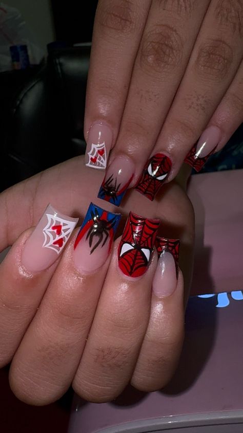 Spider Man Nails, Spiderman Nails, Marvel Nails, Man Nails, Acrylic Nail Designs Coffin, Disney Acrylic Nails, Hard Nails, Cute Simple Nails, Simple Gel Nails