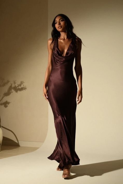 Formal Dresses for Women - Shop Online | MESHKI AU Brown Satin Dress, Brown Bridesmaid Dresses, Dark Brown Dress, Brown Maxi Dresses, Brown Wedding, Full Length Gowns, Split Maxi Dress, Trending Styles, Maxi Tank Dress