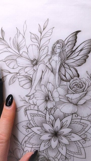 Peony Fairy Tattoo, Fairy In Flowers Tattoo, Fairy Sitting On Flower Tattoo, Fairy Mandala Tattoo, Fairy Tattoo Sleeve For Women, Flowers And Fairies Tattoo, Fairy Garden Tattoo Leg Sleeve, Fairy Forearm Tattoo Women, Beautiful Flower Tattoos For Women