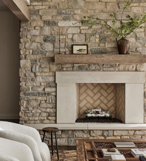 Stone Fireplace With Built Ins, Fireplace With Seating, Tiled Fireplace Ideas, Fireplace With Built Ins, Seating Area Ideas, Lakehouse Living Room, Wood Flooring Options, Tiled Fireplace, Stone Fireplace Surround