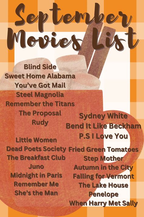 A list of movies to get you into the fall spirit! September Watch List, September Movies List, September Movie List, Autumn Astethic, September Movies, Fall Family Movies, Family Movies List, Fall Movies List, Fall Movies To Watch