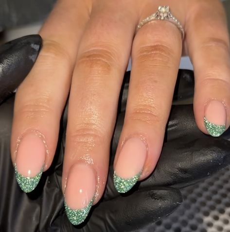 Green Glitter Tips Nails, Easy Prom Nails, Prom Nail Ideas Almond, Green Prom Dress Nail Ideas, Sparkly Light Green Nails, Prom Nails Light Green, Sparkly Green French Tips, Emerald Green Prom Nails Short, Green Prom Dress Nails