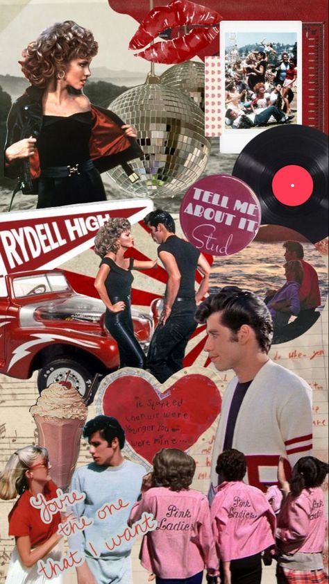 Grease Astethic, Grease Wallpapers Iphone, Grease Wallpaper Aesthetic, Grease Background, Grease Movie Aesthetic, Grease Collage, Grease Wallpapers, Grease Aesthetics, Grease Poster