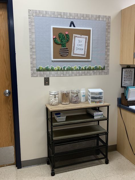 Nurses Station Organization, Self Care Station Nurses Office, High School Clinic Ideas Nurse Office, Director Of Nursing Office Decor, School Nurse Self Care Station, Elementary School Nurse Office Set Up, Health Room Decor School, High School Nurse Office, School Clinic Room