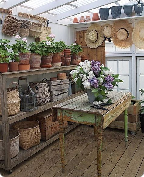 Shed Inspiration, Garden Shed Interiors, Shed Interior, Greenhouse Shed, Potting Tables, Pot Storage, Backyard Greenhouse, Greenhouse Plans, Potting Sheds