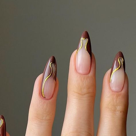 Brown Gold Nails Design, Mixed Nail Designs, Circle Nails, Brown And Gold Nails, Nail Art Autumn, Long French Nails, Long Nail Art, Gold Nail Designs, February Nails