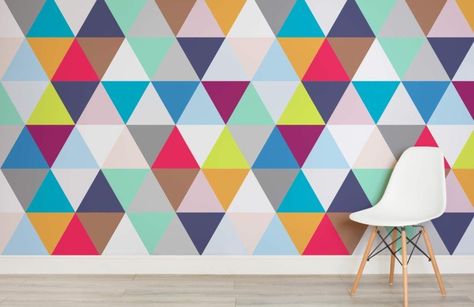 Triangle Pattern Wall, Triangle Painted Wall Amaze Me, Pink And Turquoise Geometric Wall, Colorful Triangle Pattern Wall, Triangle Pattern Wall Blue, Geometric Triangle Wallpaper, 1950s Decor, Normal Wallpaper, Triangle Wall