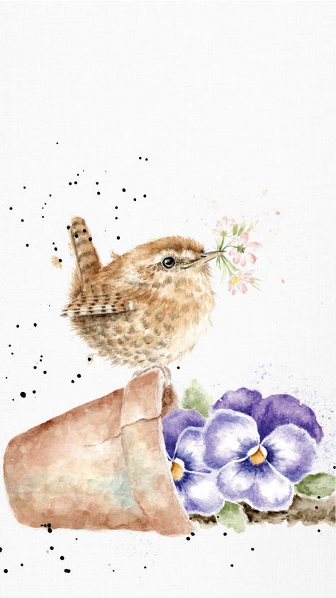 Sparrow Art, Purple Pansies, Wrendale Designs, Painting Set, Small Canvas, Bird Drawings, Watercolor Bird, Ceramic Pot, Watercolor Cards