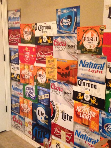 The perfect college apartment accent wall #FirstApartment #CollegeDecor #BeerWall #Beer Frat Room Ideas Colleges, Fraternity House Decor, College Apartment Funny Decor, Funny College House Decor, College Apartment Decor Men, Frat Party Aesthetic Decor, College Apartment Themes, Guy College Apartment Ideas, College House Decorations