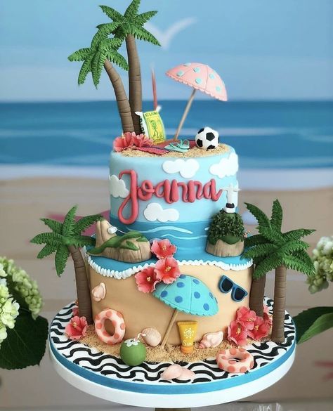 Hawaiian Birthday Party Cake, Summer Party Cake, Palm Tree Cakes, Hawaii Cake, Sail Fish, Hawaiian Cake, Island Cake, Beach Themed Cakes, Summer Cake