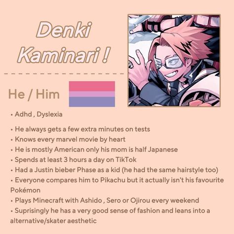 Denki Redesign, Denki Kaminari Headcanon, Denki Headcanon, Horikoshi Official Art, Headcanons Mha, Denki Kaminari Cute, Mha Pride, Bnha Headcanons, Denki Jirou