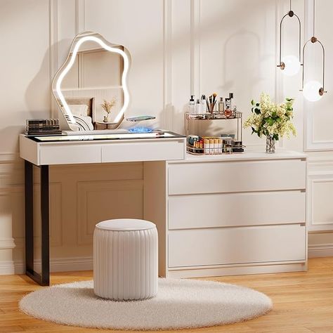 Amazon.com: MIIFUNY Corner Vanity Desk with Mirror and Lights, Makeup Vanity with Charging Station, Extendable Dressing Table with Drawers and Dresser for Women Girls, White : Home & Kitchen Malm Dresser Vanity, Vanity With Dresser, Makeup Vanity Bedroom, Small Vanities, Vanity In Bedroom, Vanity Inspo, Lights Makeup, Vanity Desk With Mirror, Desk With Mirror