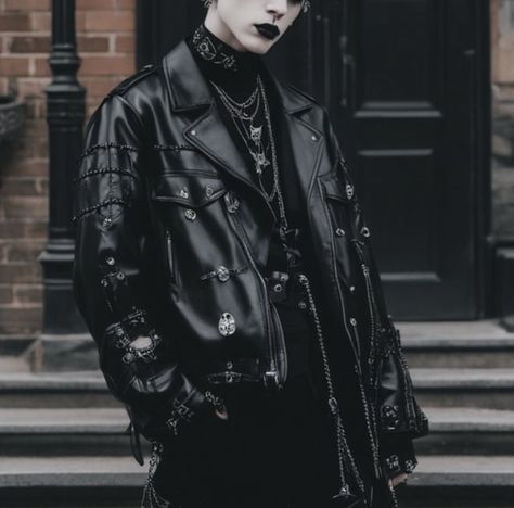 ai goth street style outfit inspiration. all black outfit with leather jacket and jewelry. #fashion #black #outfit #style #mensfashion #menswear #streetstyle #inspo #goth #punk #emo Goth Leather Jacket, Male Goth Outfits, Goth Guy Outfits, Gothic Outfits Men, Goth Street Style, Mens Goth Fashion, Punk Goth Outfits, Outfit With Leather Jacket, Goth Mens Fashion