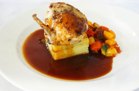 Garlic and Thyme Marinated Chicken Supreme with Boulangere Potatoes, Ratatouille and Madeira Jus #LondonClubFood #LondonGolfClub #food #mains #mainmeal #finedining Chicken Supreme, Easy Roast Chicken, Chefs Plate, Thomas Keller, Culinary Skills, Celebrity Chefs, Poultry Recipes, Dinner Menu, Food Presentation