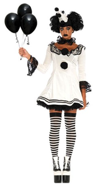 The Pantomime Pierrot costume is perfect for anyone dreaming of running off the the circus this October! The costume includes a white dress with pom pom buttons and ruffle cuff and collars, a hat and a neck ruffle. This charming costume will have you looking cute this Halloween! Pierrot Clown Costume, Pierrot Costume, Clown Costume Women, Black And White Clown, Clown Halloween Costumes, Clown Hat, Pierrot Clown, Circus Costume, Clown Costume