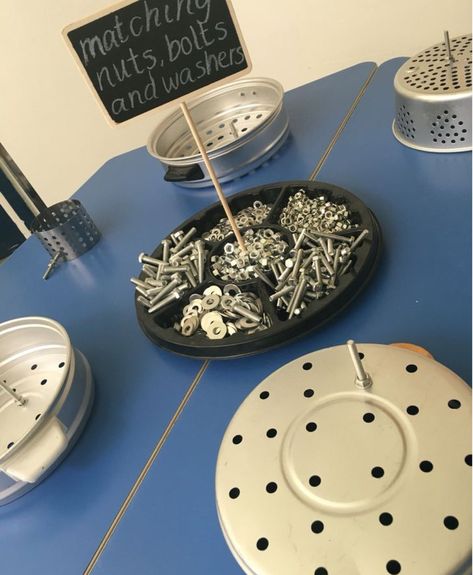 Eyfs Tinkering Table, Tinkering Table, Provocation Table, Walker Learning, Reggio Emilia Classroom, Finger Gym, Funky Fingers, Reggio Classroom, Cars Ideas