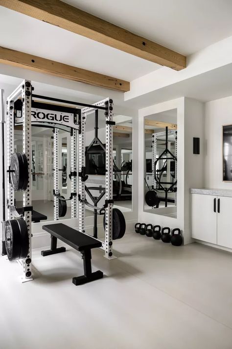 White Home Gym, Garage Home Office, Basement Home Gym, Lay Baby Lay, Home Gym Ideas, Metal Pegboard, Light Colored Wood, Gym Ideas, Multipurpose Room