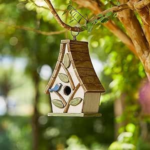 Glitzhome 9.5" H Garden Hanging Bird House Distressed Solid Wood Decorative Birdhouse with Natural Wood Pallet Roof and 3D Tree for Outdoors,Washed White Retro Palette, Wood Birdhouses, Garden Birdhouses, 3d Tree, Decorative Bird Houses, Bird Care, Garden In The Woods, Green Wood, Distressed Wood