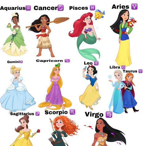 Disney Princess Zodiac Signs, Disney Princess Zodiac, Zodiac Signs Animals, Character Disney, Zodiac Signs Pictures, School Study Ideas, Zodiac Elements, Disney Princess Artwork, Cute Easy Doodles