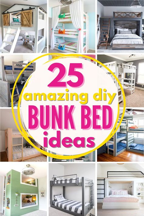 25 BEST DIY Bunk Beds (  Free Plans) Kids Will LOVE Built Bunk Beds For Girls Room, Plans For Built In Bunk Beds, Upper Bunk Bed Storage Ideas, Twin Over Full Bunk Bed Plans Diy How To Build, How To Make Bunk Beds, Bunk Bedroom Decor Ideas, Kids Bunk Room Ideas, Girls Bunk Bedroom Ideas, Bunkbeds Design Small Room Kids