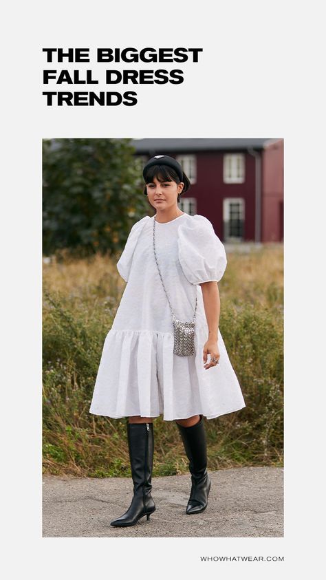 From babydoll to puffy sleeves, these are the fall dress trends to wear Babydoll Dress Outfit, Fall Dress Trends, Puffy Sleeves Dress, Puffy Shirt, Puffy Sleeve Dress, Dresses With Cowboy Boots, Lame Dress, Dress With Puffy Sleeves, Puffy Dresses