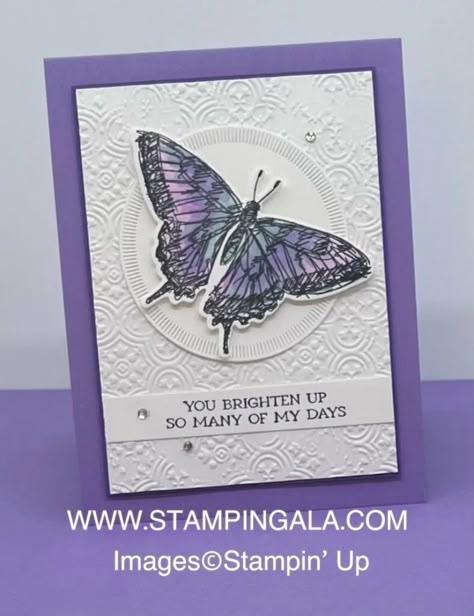 Thank you card created by Julie Gilson using the Sketched Butterflies Bundle and Stampin' Blends Markers. Sketched Butterflies, Scrapbook Club, Butterfly Sketch, Butterfly Images, Birthday Crafts, Creative Corner, Butterfly Cards, Fun Fold Cards, Purple Butterfly