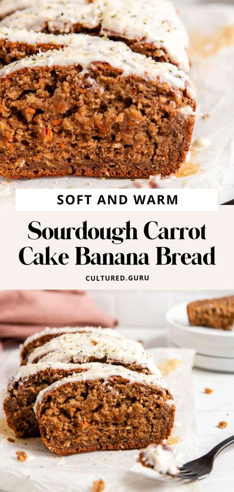 Making carrot cake banana bread with sourdough starter adds a deep, delicious flavor and fluffy texture. This sourdough carrot cake turned banana bread incorporates shredded carrots and warm spices for a fun autumn flavor. Bread With Sourdough Starter, Sourdough Carrot Cake, Banana Carrot Bread, Carrot Cake Banana Bread, Sourdough Banana Bread, Carrot Bread Recipe, Cake Banana Bread, Carrot Banana Cake, Carrot Bread