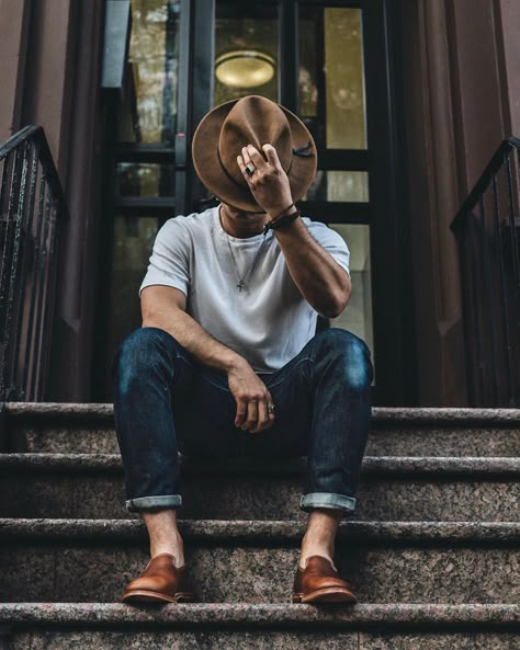 Nate on Instagram: “Summertime Essentials. ----------------------------------------------------- 🎩: @yellow108 Luke Fedora 🛠: @877workshop Cross & Shield…” Men Outfits With Fedora Hat, Wide Brim Fedora Mens Outfit, Men In Hats Fashion, Men’s Fedora Outfit, Casual Fedora Hat Outfit, Fedora Outfit Men, Mens Fedora Hat Outfit, Fedora Hat Men Outfits, Outfit Sombrero