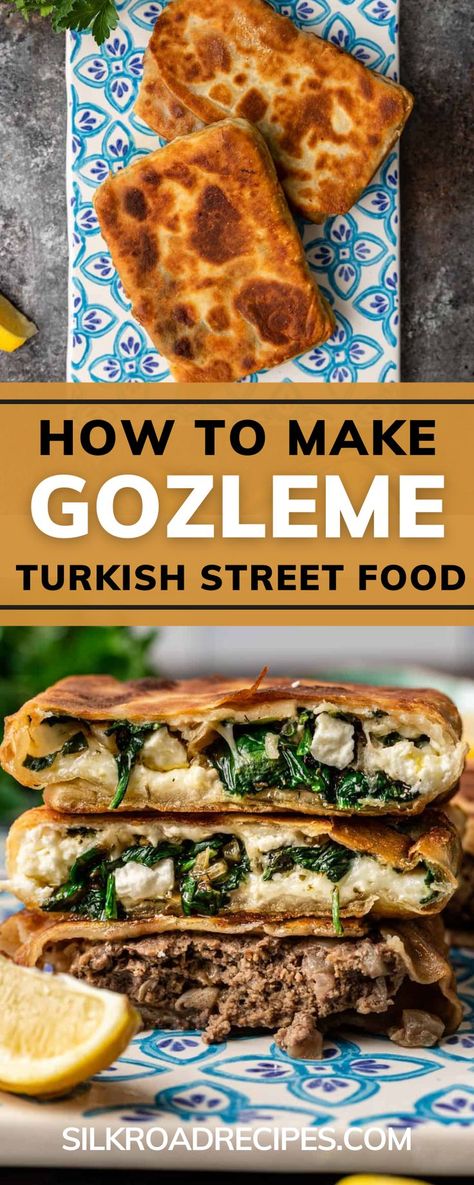 Here are some expert tips on making Gozleme, a delicious Turkish street food. Gozleme is a crispy flatbread hand sandwich that is stuffed with vegetables, meat, and cheese. However, this recipe contains my favorite spinach and feta filling, or you can add meat filling instead. It's extremely versatile and easy to make. Gozleme Recipe, Turkish Street Food, Turkish Flat Bread, Turkish Flatbread, Stuffed Flatbread, Crispy Flatbread, Middle East Recipes, Flatbread Recipes, Eastern Cuisine