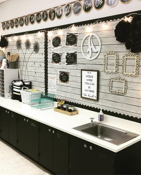 Elementary Classroom Decor Black And White, Brick Bulletin Board Ideas, Dark Boho Classroom, Mens Classroom Decor, White Wood Bulletin Board Classroom, Senior Classroom Decor Ideas, Boho Classroom Decor High School, Moody Classroom Decor, Adult Classroom Decor