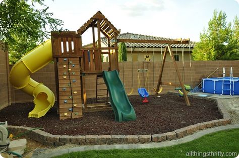 Playground Landscaping, Backyard Playset, Rubber Mulch, Amazing Backyard, Play Area Backyard, Diy Playground, Outdoor Play Area, Kids Outdoor Play, Natural Playground