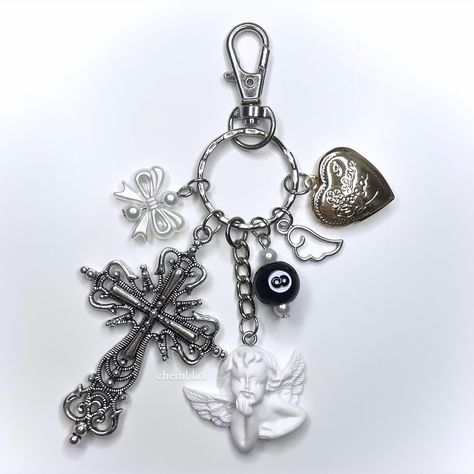 good luck charm 🎱👼🏼 new keychain/bag charm available now 🎀 #coquette #dollette #cherub #angel #8ball #bagcharm #keychain #locket #heartlocket #cross #catholic #christian #keychains #handmade #jewelry #jewellery #pinterest #aesthetic Christian Keychains, Key Locket, Heart Shaped Locket, Cherub Angel, Angel Charm, Luck Charm, Keychain Bag, Pinterest Aesthetic, Cat Charm