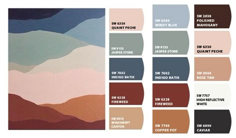 Pale Gray +blue+ Terracotta Palette, Grey Blue Terracotta Living Room, Gray Blue Rust Color Palette, Blue Terracotta Living Room, Earth Tone Pallet Colour Palettes, Blue Boho Color Palette, Sherwin Williams Color Pallets, Mountain Cabin Color Palette, Western Home Color Scheme