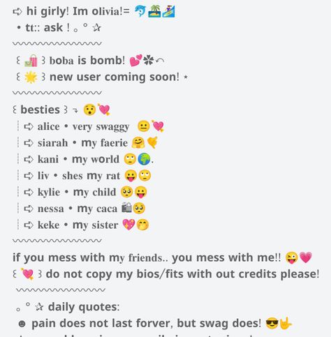 Aesthetic Roblox Bio Ideas, Roblox Bios Aesthetic, Preppy Bios For Zepeto, Roblox Group Description Ideas, Good Roblox Bios, Roblox Bio Ideas Aesthetic, Bios For Zepeto, Preppy Bios For Tiktok, Zepeto Username Ideas