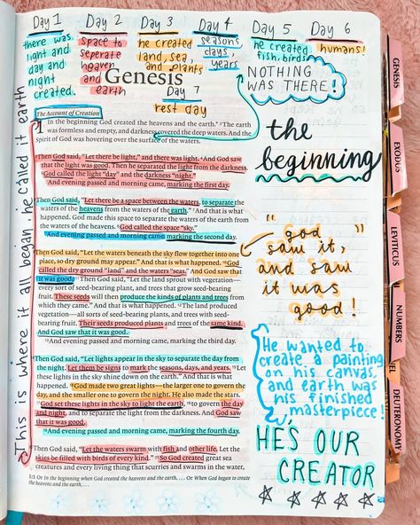 BROOKE // BIBLE JOURNALING :) on Instagram: “-THE BEGINNING-🐬🤍🌺🌻  I recently dove into the book of Genesis, and let me tell you, it does not disappoint! wow! who knew that when he…” The Beatitudes Bible Journaling, Beatitudes Bible Journaling, Genesis 7 Bible Journaling, Genesis Bible Journaling Notes Chapter 1, Genesis 2 Bible Journaling, Bible Notes In Bible, Bible Art Ideas, Genesis Bible Journaling Notes, How To Take Notes In Your Bible