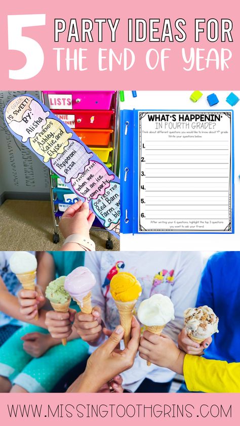 Make the end of the school year fun for your first graders with these party ideas! These party ideas are easy to organize and won't break the bank! Party planning has never been easier for early elementary teachers. Get 1st grade activity ideas to go along with each of these party themes. Your students will love these fun ideas to celebrate the end of the school year. Read more about these end of school year party ideas here! End Of Year Party Ideas, Last Day Of School Party, Class Party Ideas, Summer Learning Activities, School Party Ideas, End Of Year Party, 1st Grade Activities, 4th Grade Writing, First Grade Activities