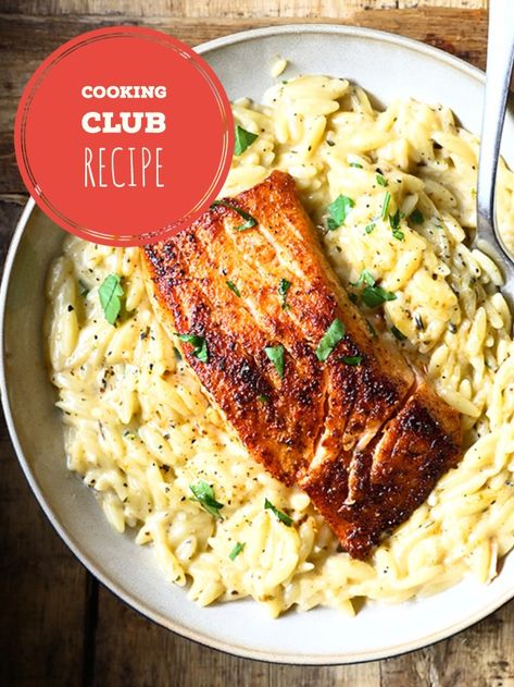 One pot Salmon Alfredo Orzo - Serving Dumplings Creamy Salmon Orzo, Orzo Recipes Salmon, Orzo Salmon Recipes, Salmon And Orzo Dinners, Salmon And Orzo Recipe, Alfredo Orzo, Salmon Orzo Recipe, One Pot Salmon, Salmon Orzo