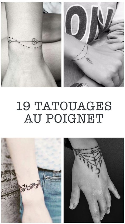 Mieux qu'un bijou de peau, ces tatouages qui s'enroulent autour des poignets sont à la fois poétiques et discrets. En pointillisme comme des perles, façon mandala, fleuri… Tattoo Bracelet Wrist, Hand And Wrist Tattoos, Finger Hand Tattoo, Bracelet Tattoo Ideas, Feather Arrow Tattoo, Wrist Tats, Tattoo Armband, Charm Bracelet Tattoo, Wrist Band Tattoo