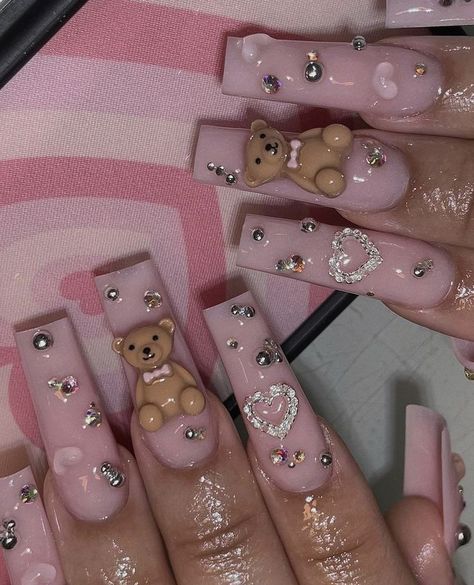 Nails With Teddy Bear Charms, Teddy Bear Nails, Cake Nails, Bear Nails, Baby Shower Nails, Lux Nails, Bears Nails, Cute Acrylic Nail Designs, Really Cute Nails