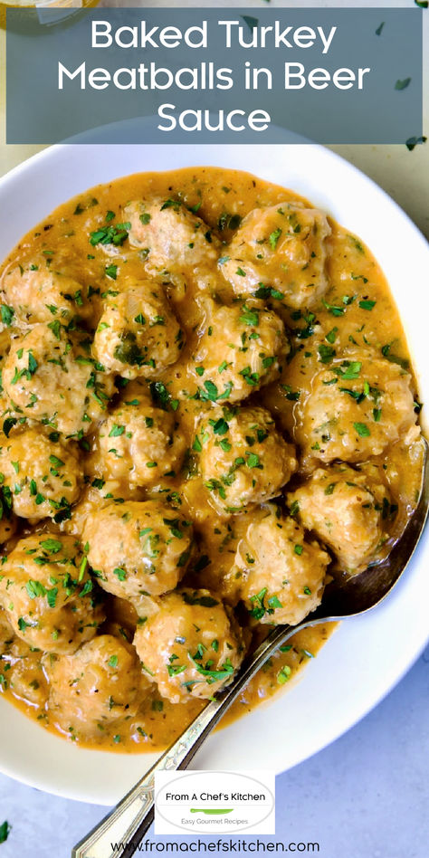 Baked Turkey Meatballs in Beer Sauce in oval white bowl with serving spoon. Beer Meatballs, Turkey Meatball Sauce, Baked Turkey Meatballs, Turkey Meatballs Recipe, Beer Sauce, Beef Entrees, Sauteed Onions, Turkey Meatballs Baked, Turkey Meatball