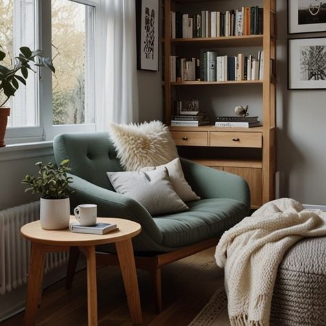 Serenity meets simplicity with this Japandi-inspired reading nook, designed for pure relaxation. A cozy chair, white linen curtains, and a soft cushion for extra comfort. A throw blanket and natural wood accents make it the perfect escape. Tip 1: Use neutral colors and natural materials like wood and linen to create a calm atmosphere. Tip 2: Place a small wooden table next to your chair for your favorite books and a cup of tea. Tip 3 : Add a woven rug or cushion for texture and warmth witho... White Linen Curtains, Zen Interiors, Japandi Decor, Cozy Chair, Linen Curtains, Minimalist Living, Wood Accents, Reading Nook, Wooden Tables