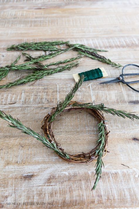 DIY Rosemary Garland and Wreath | So Much Better With Age Rosemary Wreath Diy How To Make, Diy Small Wreath, Homemade Wreath Ideas, Rosemary Wreath Diy, Rosemary Garland, Gifting Packaging, Vine Wreaths, Ribbon Sticks, Diy Wooden Crate